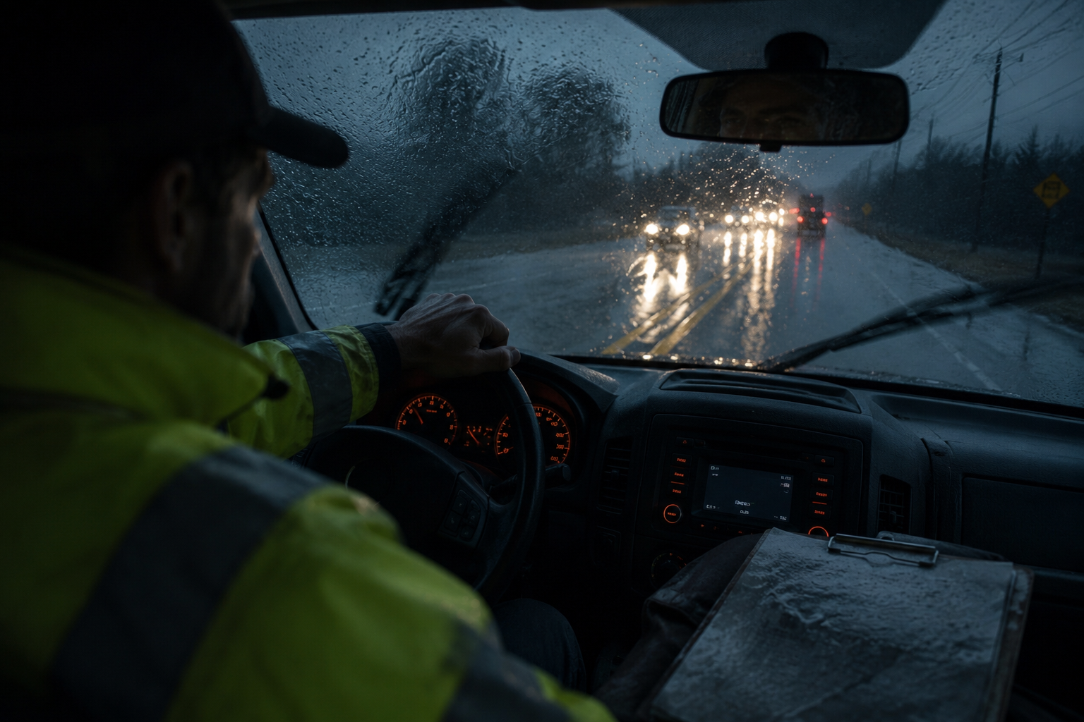 Driver in heavy rain at night, gripping the wheel with low visibility ahead